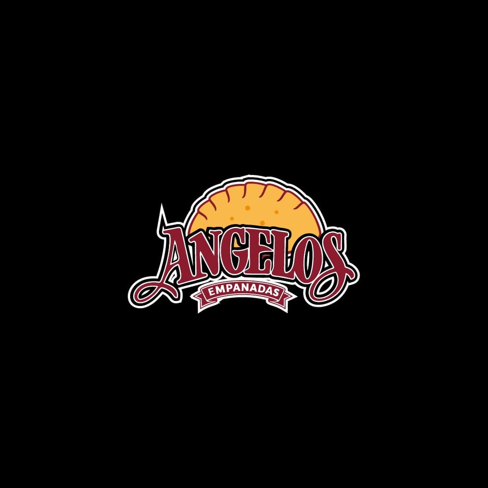 Angelos Empanadas logo featuring stylized lettering, a golden empanada, and a red banner on a black background.