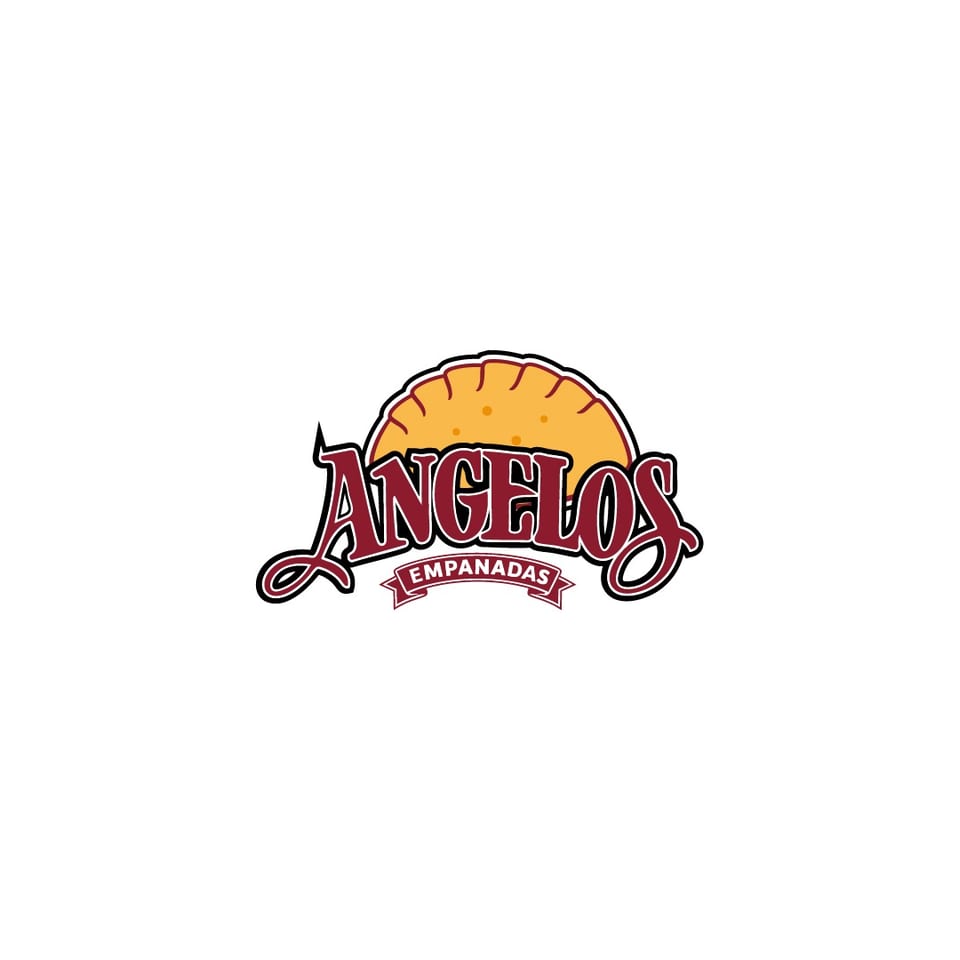 Angelos Empanadas logo featuring stylized lettering over a golden empanada illustration.